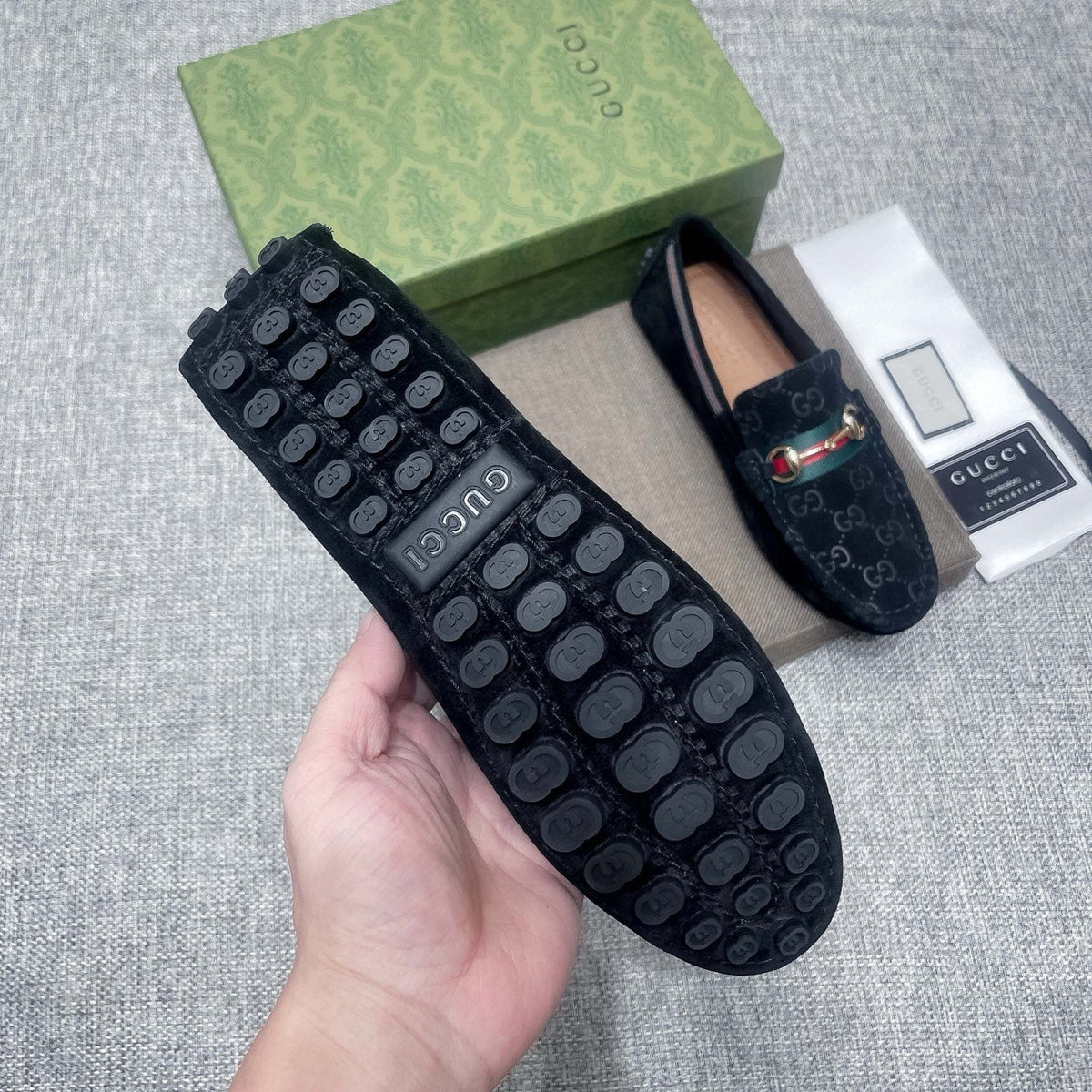 Gucci Black Patterned Loafers with Green and Red Accents